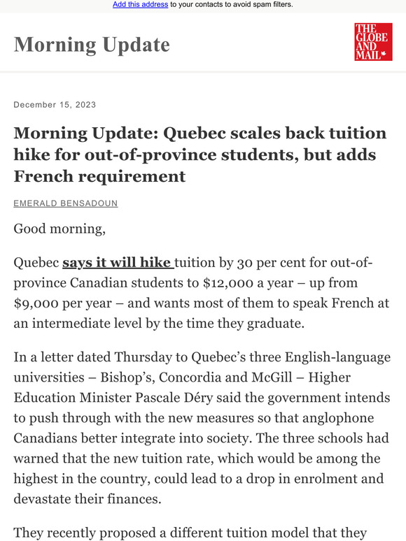 The Globe And Mail: Morning Update: Quebec Scales Back Tuition Hike For ...