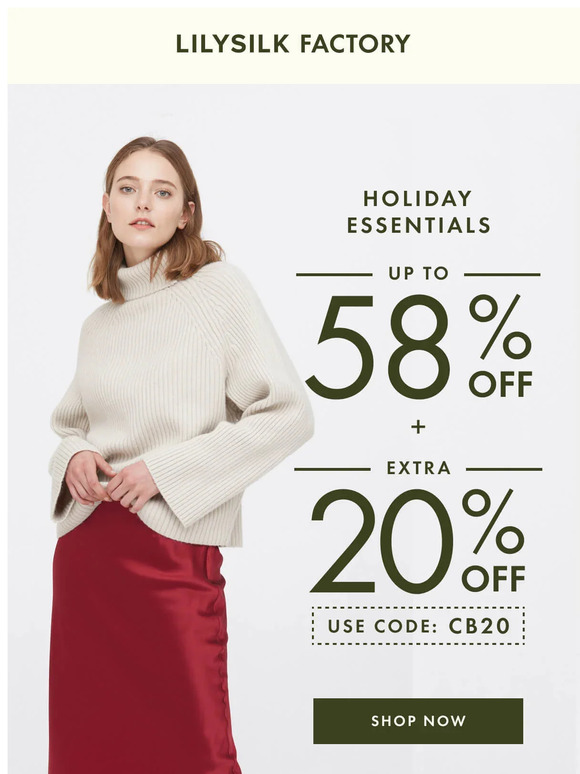 LILYSILK Factory: Up to 50% off your holiday essentials + an extra 20%