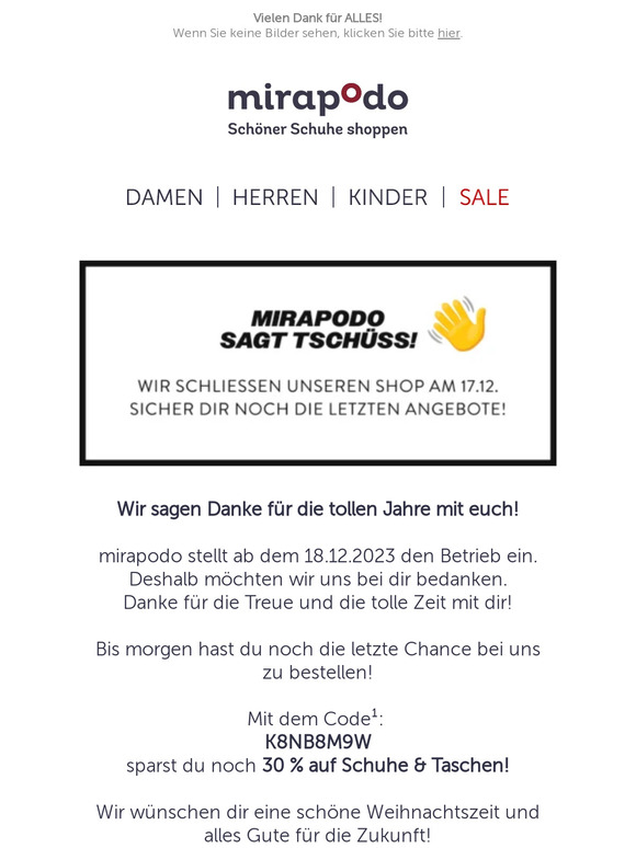 mirapodo sagt DANKE für die schönen Jahre! 👋