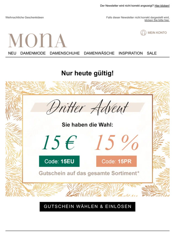 Gutschein wählen: 15€ oder 15% Gutschein auf Ihren Einkauf!
