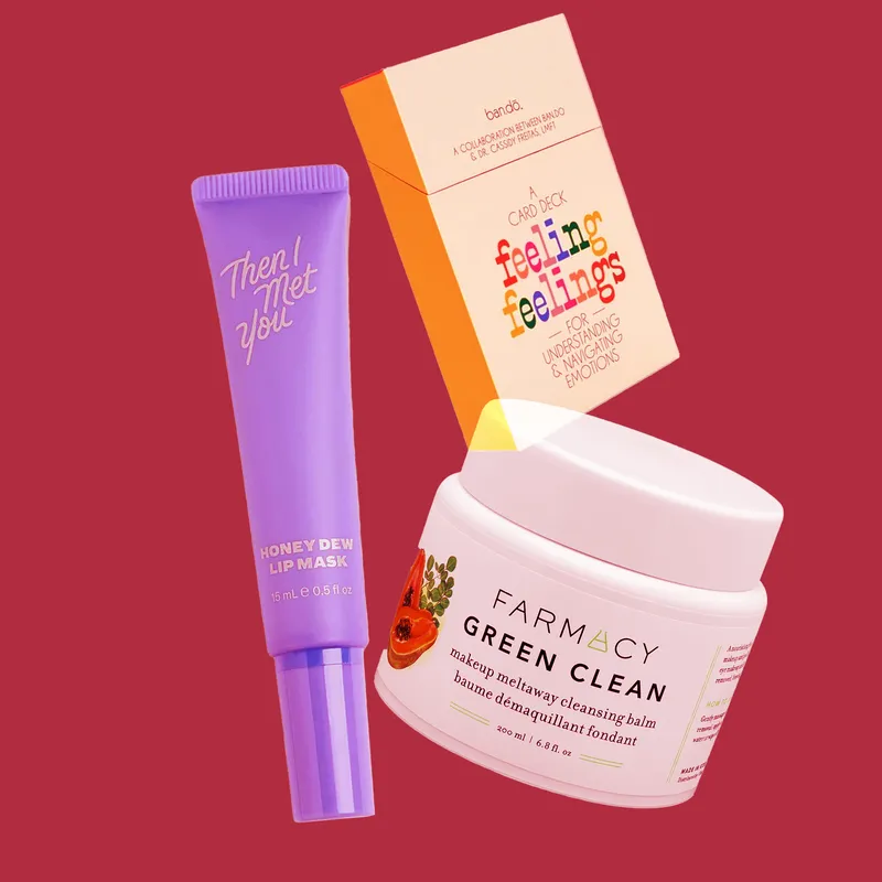 Amazon Gifts Under $25: a collage of Then I Met You, Ban.do, and Farmacy products on a red background