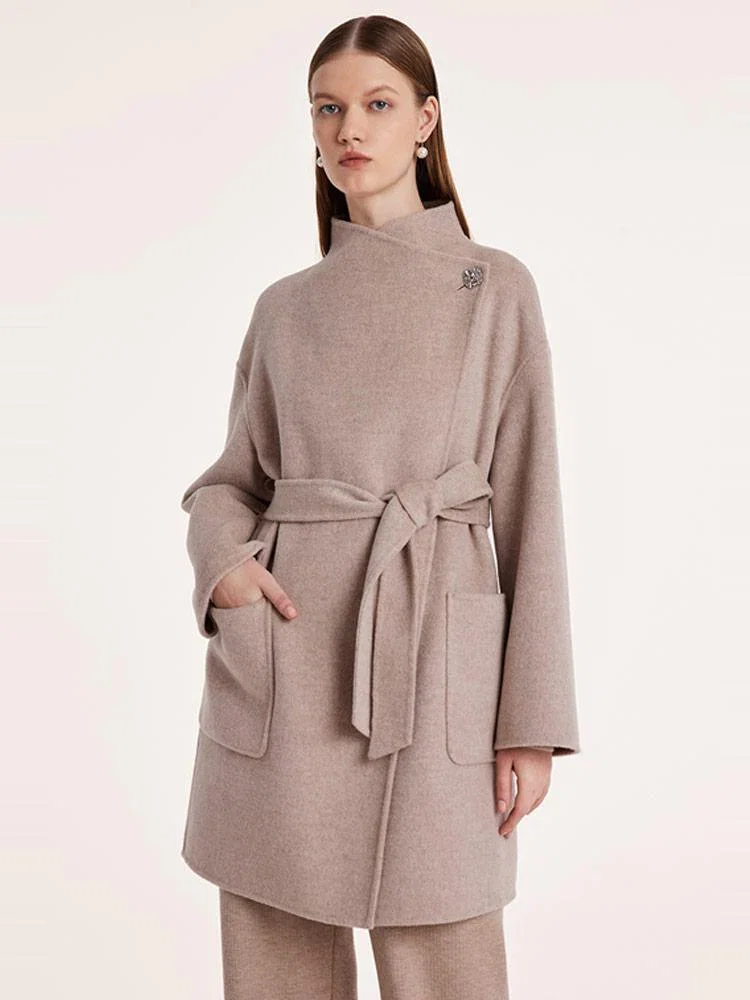 Image of Mid-Length Wool And Cashmere Women Coat With Belt
