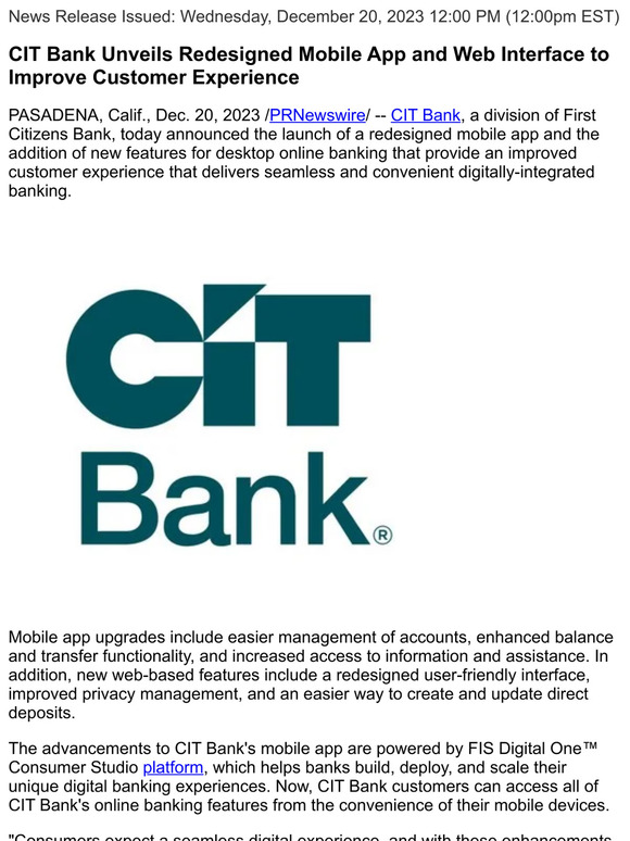 CIT Bank CIT Bank Unveils Redesigned Mobile App and  Interface to
