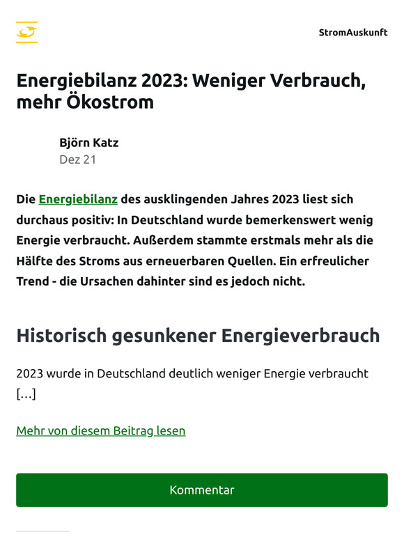 Energiebilanz 2023: Weniger Verbrauch, mehr Ökostrom