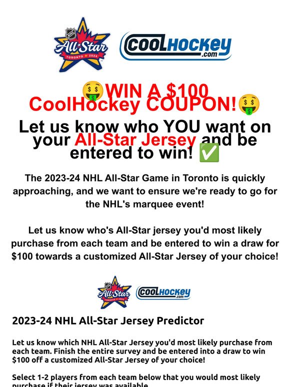 WIN A $100 CoolHockey Coupon! 🤑 Fill Out Our All-Star Predictor Survey! ⭐️🤔