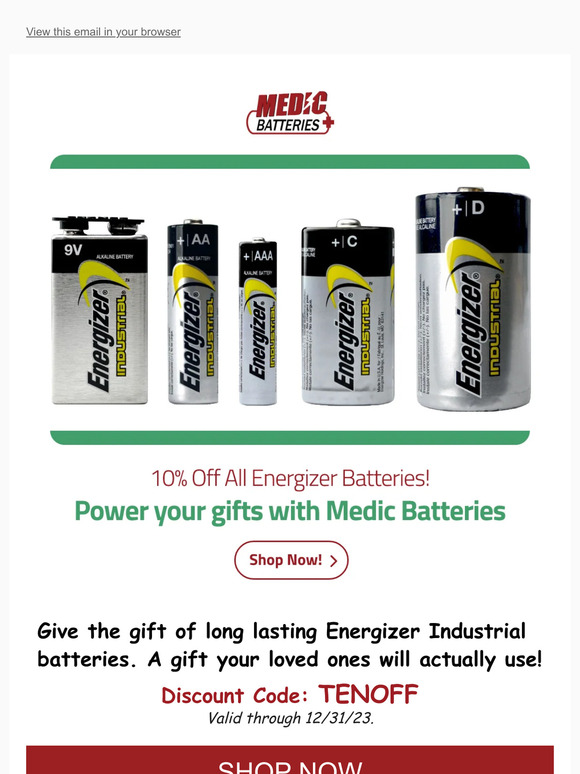 Holiday Sale! 10% Off All Energizer Batteries.