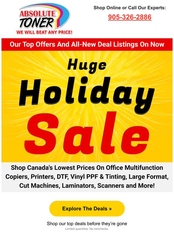 Absolute Toner Huge Holiday Discounts! Copiers, Printers, DTF, PPF