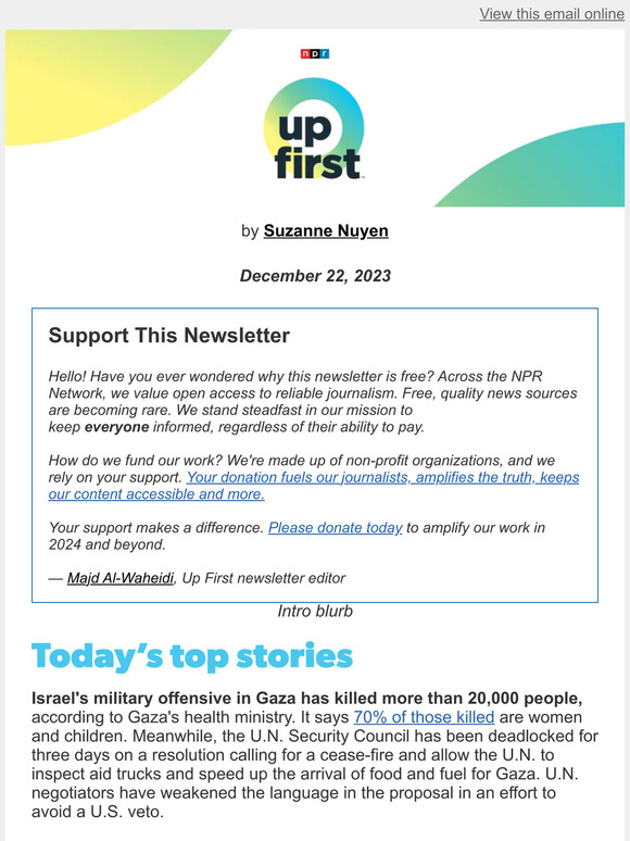 NPR Gaza's death toll tops 20,000; Colorado Supreme Court justices face threats after Trump