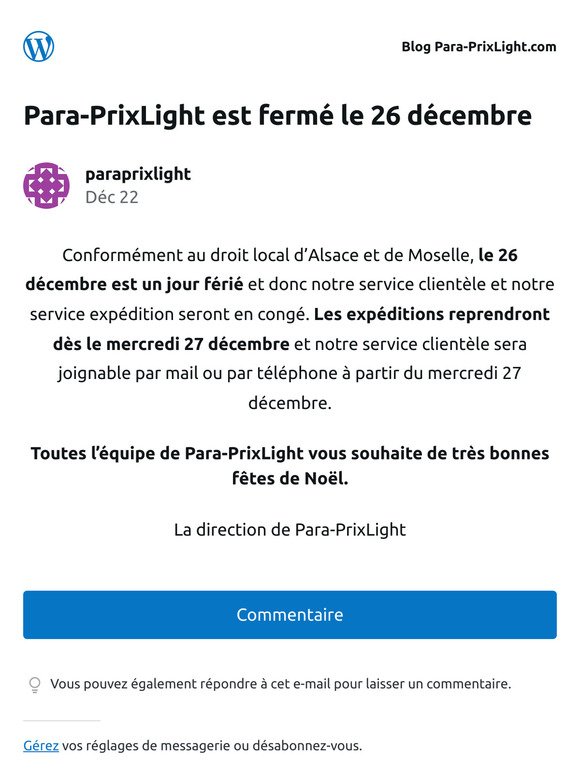 Para-PrixLight est fermé le 26 décembre