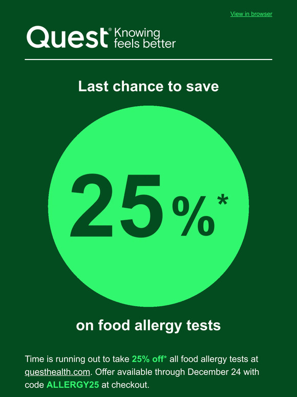 Quest (Lab Testing) 25 off food allergy tests is ending soon Milled