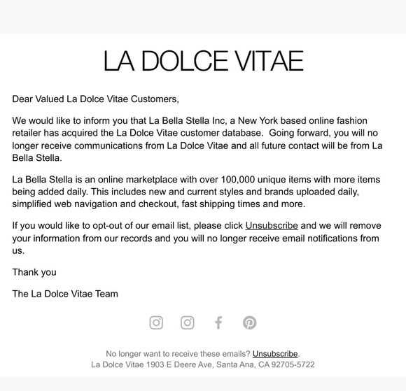 La Dolce Vitae email database acquisition