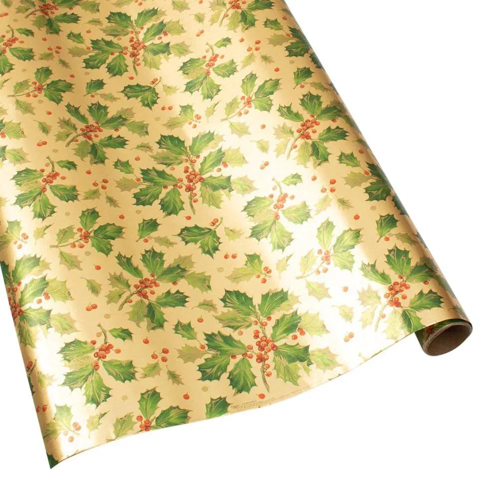 Image of Gilded Holly Metallic Gift Wrapping Paper in Gold Foil - 30" x 6' Roll