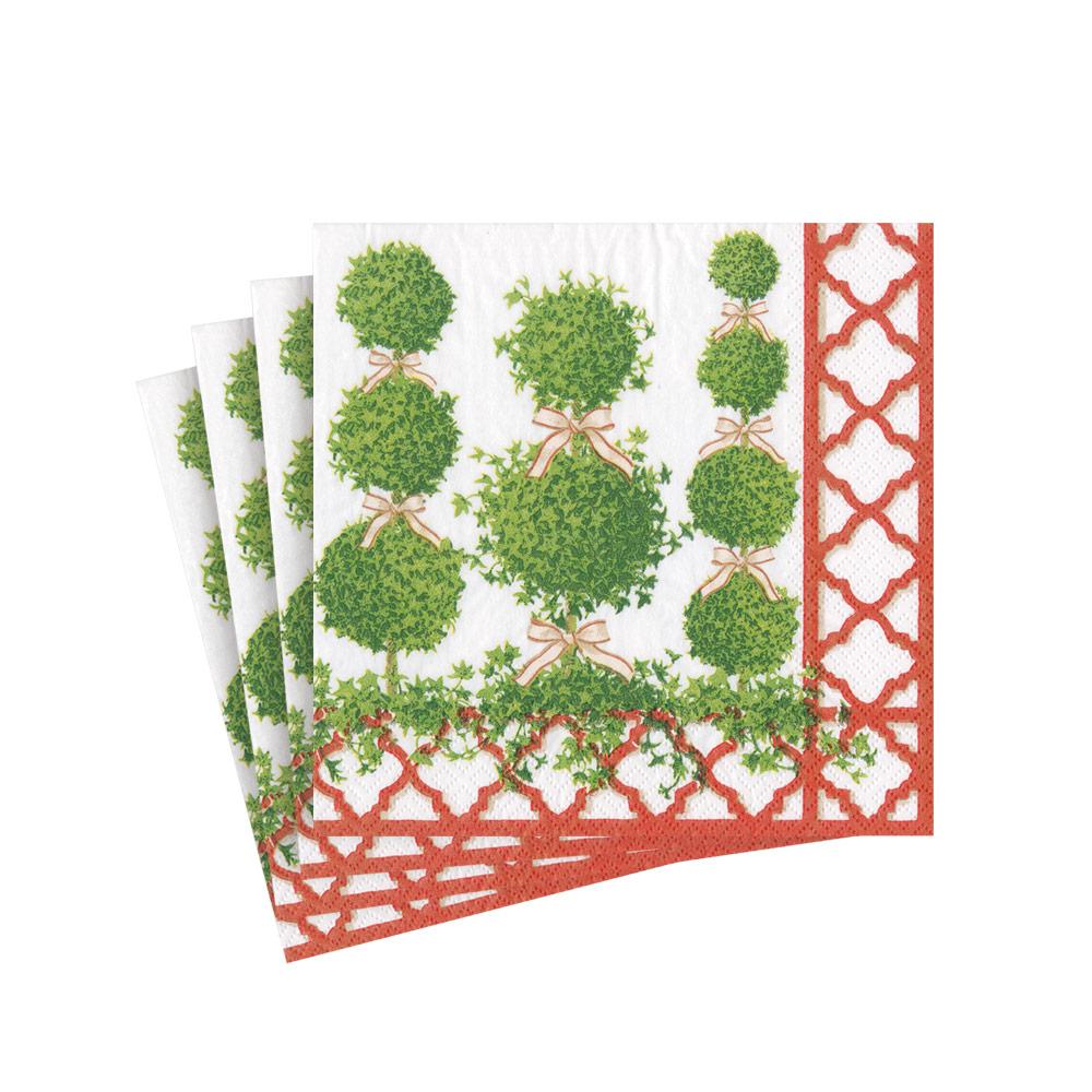 Image of Topiaries Paper Cocktail Napkins in Red Border - 20 Per Package
