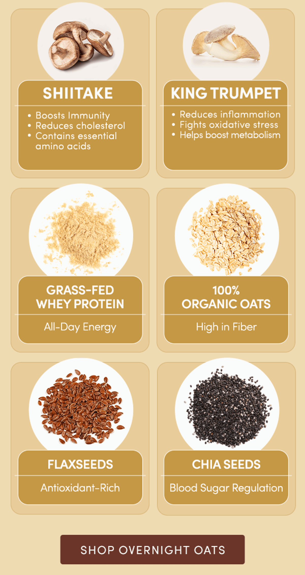 Shiitake, King trumpet, grass-fed whey protein, 100% organic oats, flaxseeds, chia seeds