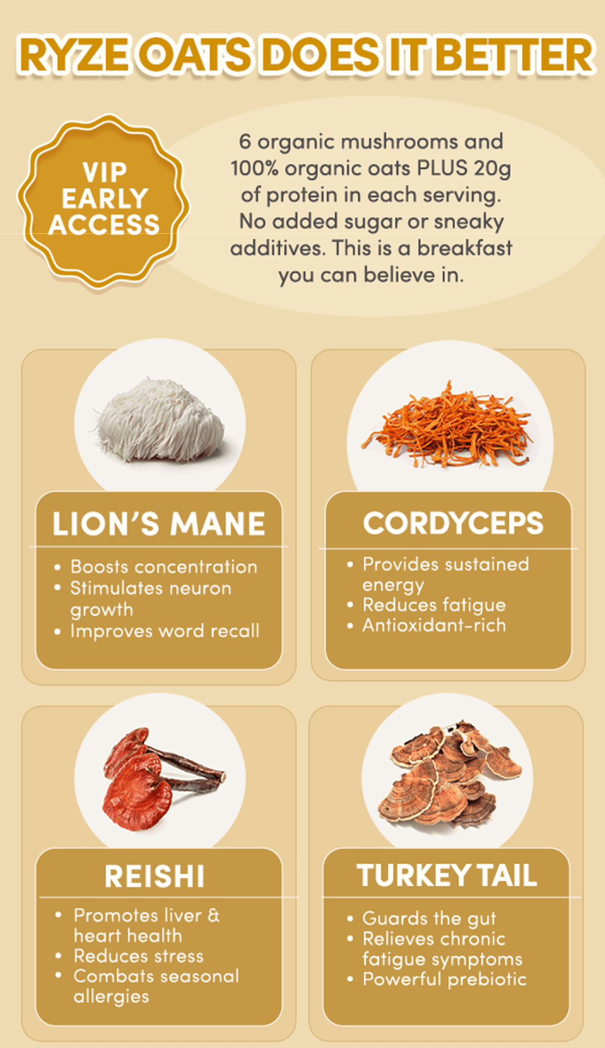 Ryze oats does it better | 6 organic mushroom and 100% organic oats PLUS 20g of protein in each serving. No added sugar or sneaky additives. This is a breakfast you can believe in. | Including lion's mane, cordyceps, reishi, turkey tail