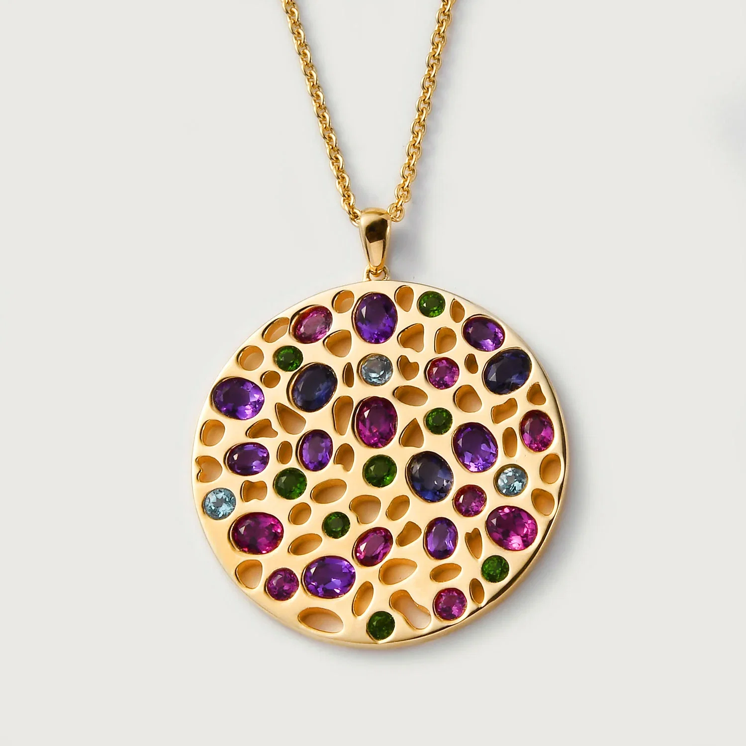 Image of Lattice Disc and Multi Gems Pendant with FREE Chain