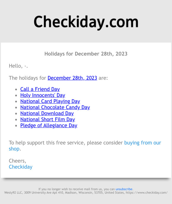 Checkiday Holidays for December 28th, 2023! 📅🎉 Milled