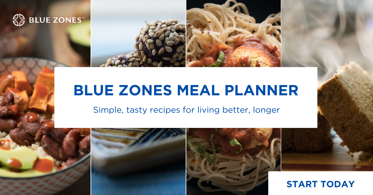 A promotional image for Blue Zones Meal Planner that reads, 'simple, tasty recipes for living better, longer.'