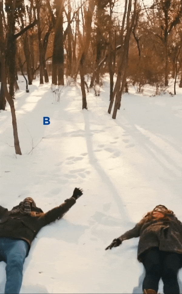 Image of two people making snow angels with the words ,'Blue Zones reminders for the busy holiday season.' 