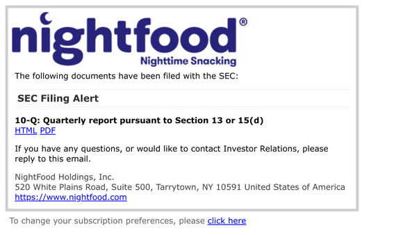 SEC Filing Alert for NightFood Holdings, Inc.