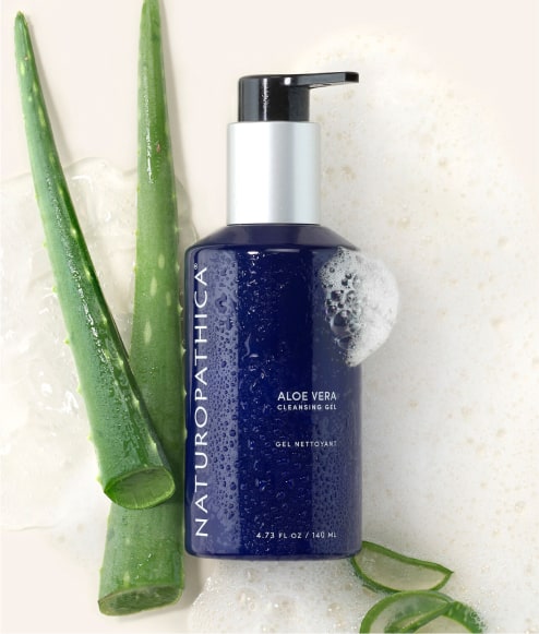 Aloe Vera Cleansing Gel. Clears impurities with balancing Lavender, moisture-locking Coconut, and over 50% Aloe Vera.