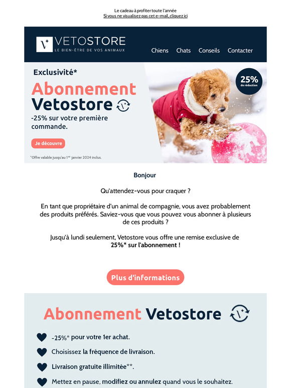 Noël se prolonge chez Vetostore : -25% sur votre 1er abonnement