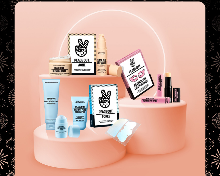 Peace out Products: Acne Healing Dots, Blemish Balm, Acne Serum, Retinol Eye Lift Patches, Retinol Face Stick, Retinol Eye Stick, Instant Pore Perfector, Peace Out Pores, Pore Perfecting Stick, and Pore Perfecting Cleanser
