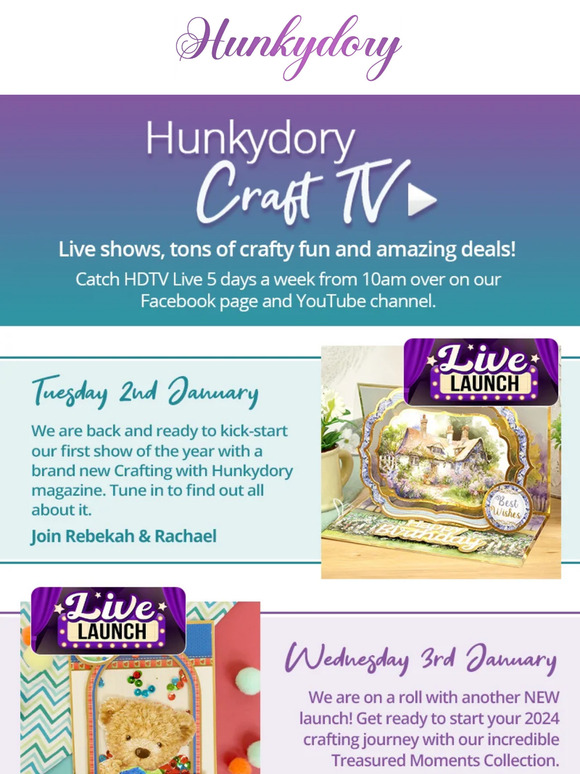 Hunkydory Crafts We're back! Tune in for the first shows of 2024! 💜📺