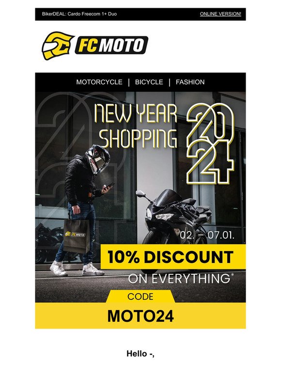 FC Moto SE: 🎉🏍️ Start 2024 with a bang – 10% off everything at