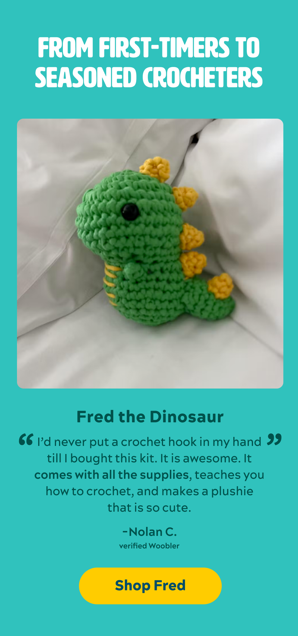 FROM FIRST-TIMERS TO SEASONED CROCHETERS - FRED THE DINOSAUR