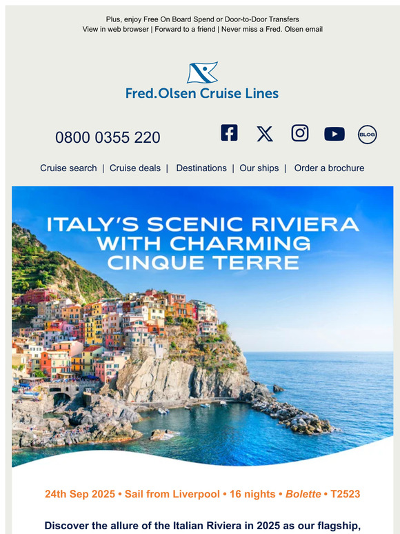 Fred Olsen Cruise Lines: Sail the enchanting Italian Riviera in 2025  Milled