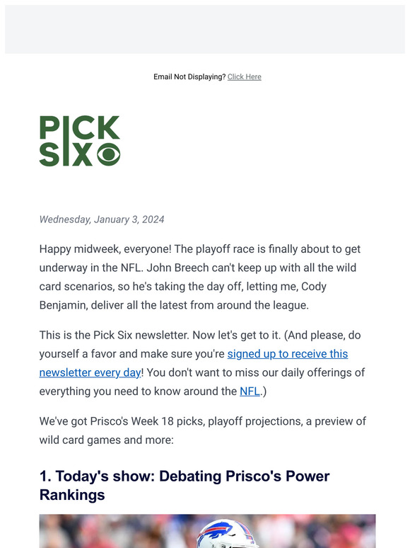 CBS Sports Prisco's Week 18 NFL picks, plus projecting final playoff