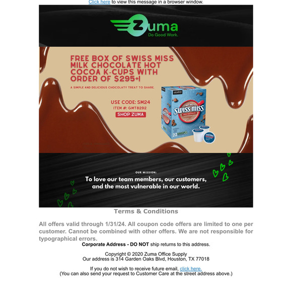 Zuma Office Supply FREE Box of Hot Cocoa KCups from Zuma! Milled