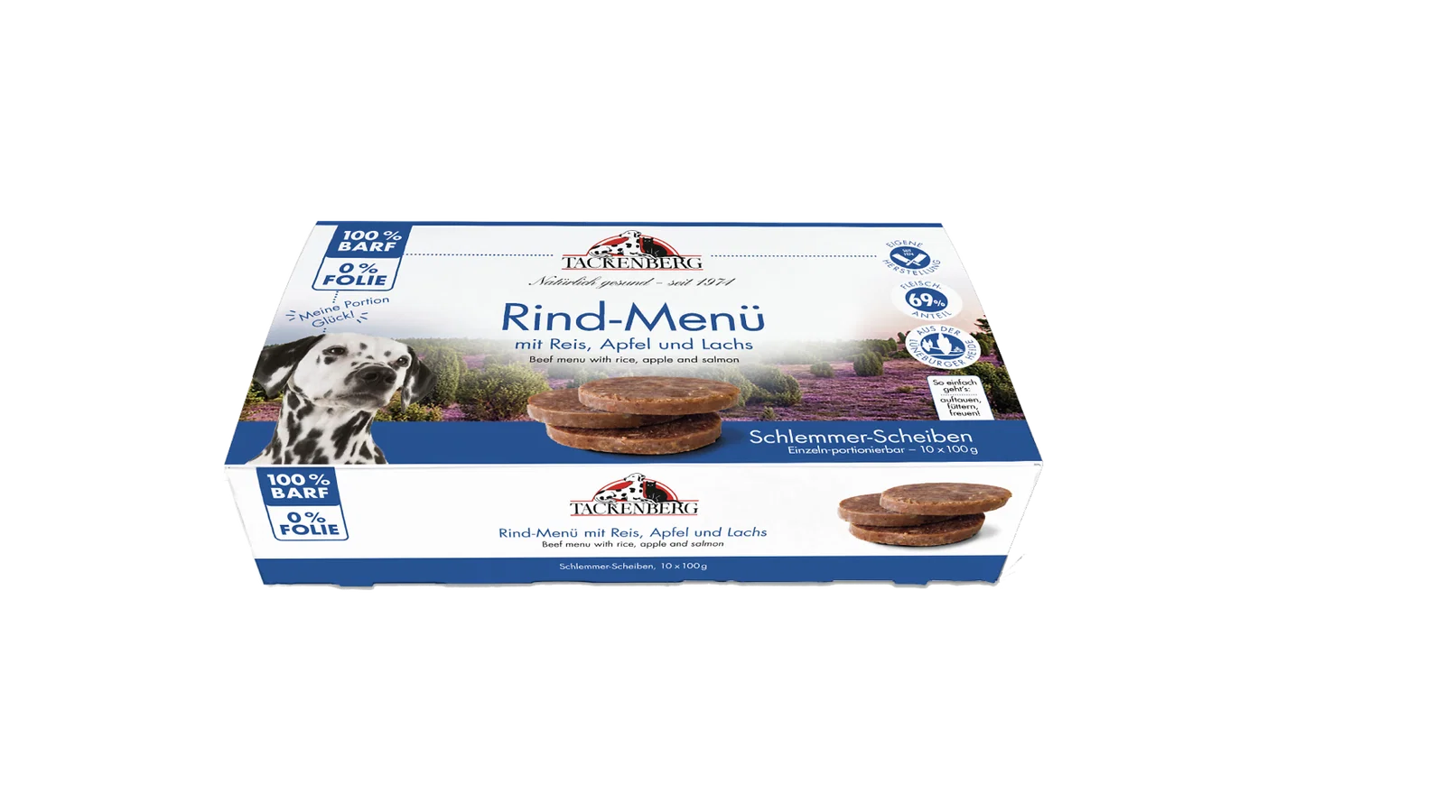 BARF-Scheiben vom Rind mit Reis, Apfel & Lachsöl