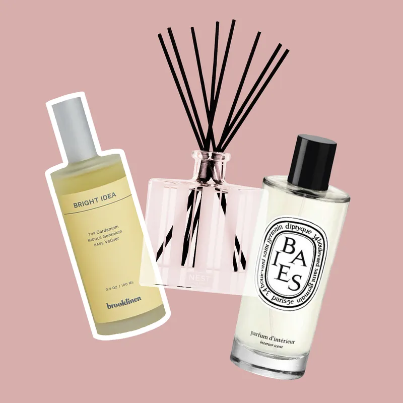 Different flame-free home fragrances from Brooklinen, Nest New York, and Diptyque on a mauve-colored background