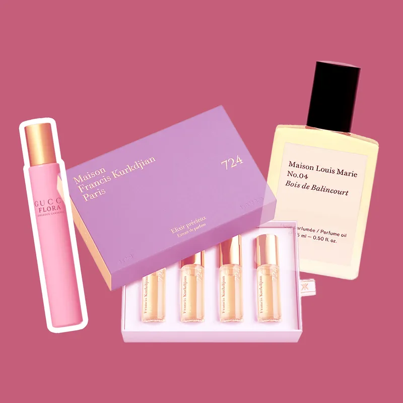 Best Roll-On Perfumes: a collage of Gucci, Maison Francis Kurkdijan, and Maison Louis Marie rollerballs on a dark pink background