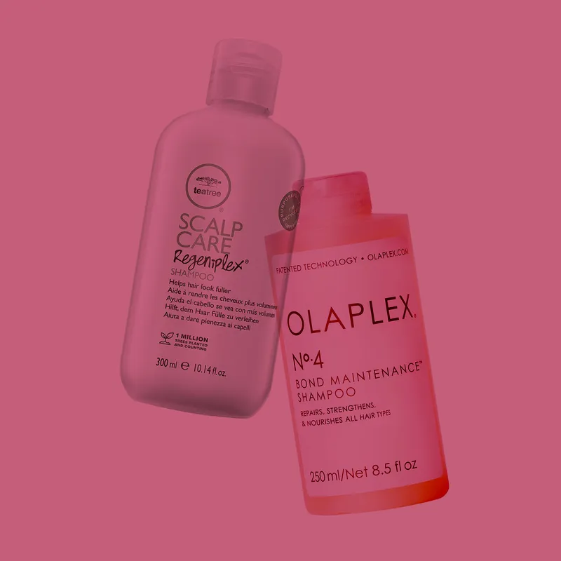 Shampoos for Thinning Hair: a collage of Paul Mitchell and Olaplex shampoos on red background