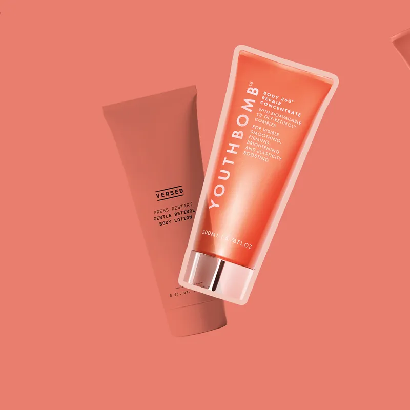 Best Retinol Body Lotions: a collage of Versed and Beautypie body lotions on a red background