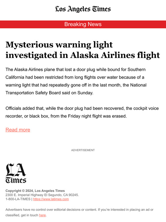 Los Angeles Times: Breaking News: Mysterious warning light investigated