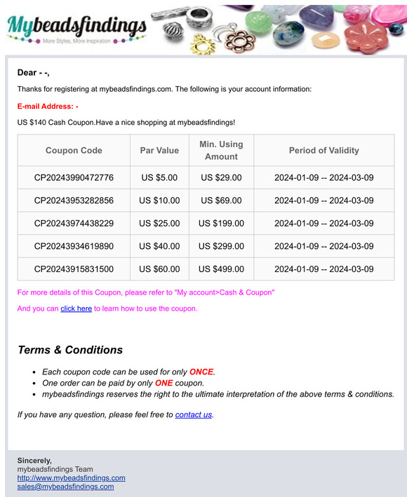 US $140 Cash Coupon for Your Registration at mybeadsfindings
