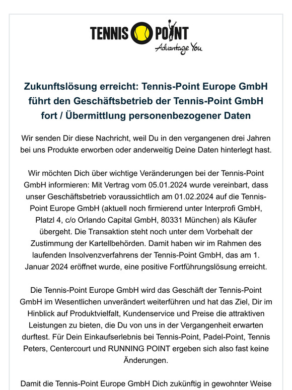 Informationen der Tennis-Point GmbH über den Transfer personenbezogener Daten