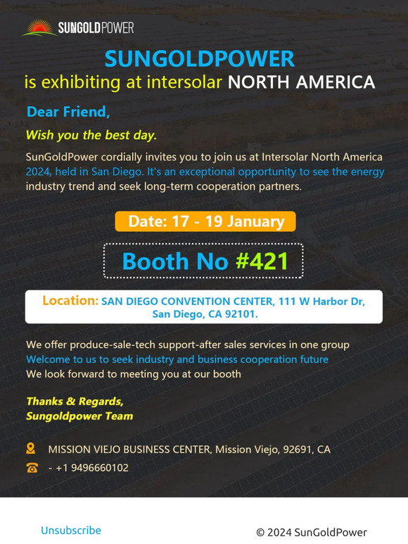 Sun Gold Power Co.,Ltd SunGoldPower ISNA INVITATION Milled