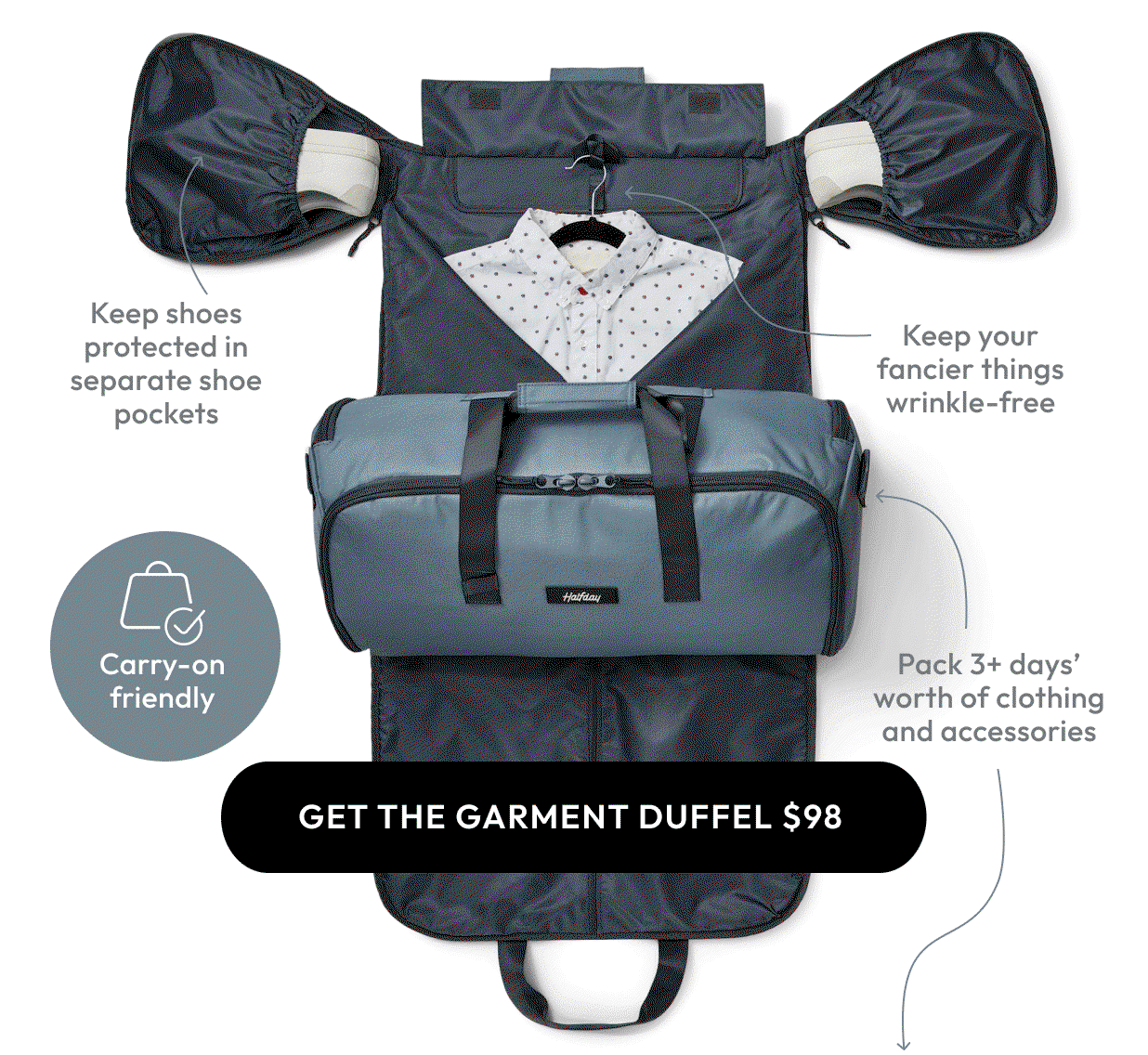 Get the Garment Duffel for $98. Rotating image of various colors and styles.