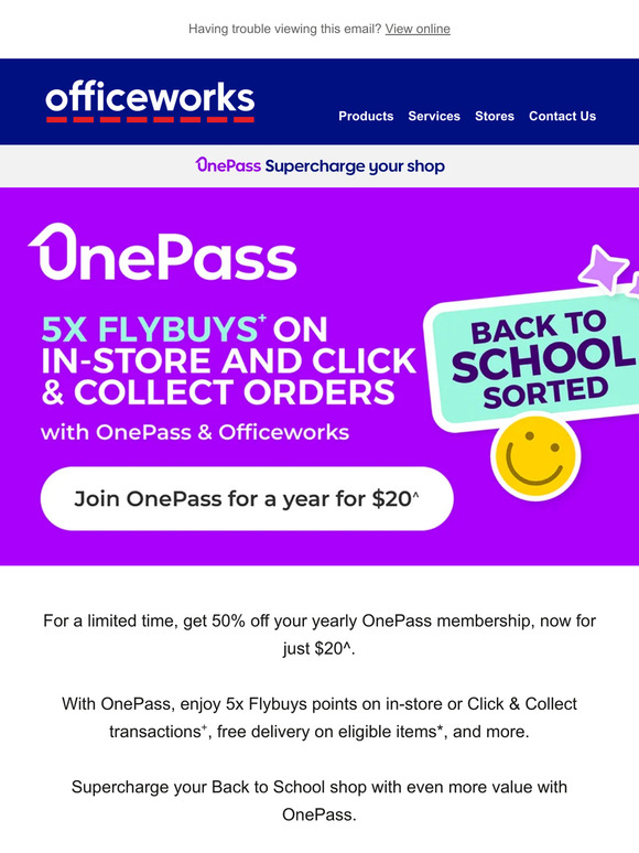 Officeworks Enjoy a year of OnePass for just 20^ Milled