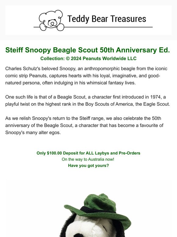 Got your Snoopy Beagle Scout Steiff 2024 yet?