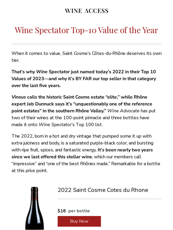 Wine Access Just In Spectator Top10 Value of the Year Milled