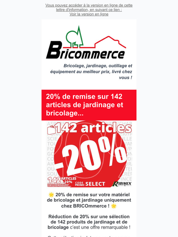 142 articles bricolage jardinage à -20%, jusqu'à 800€ d'économie sur votre carport, pergola... chez BRICOmmerce...