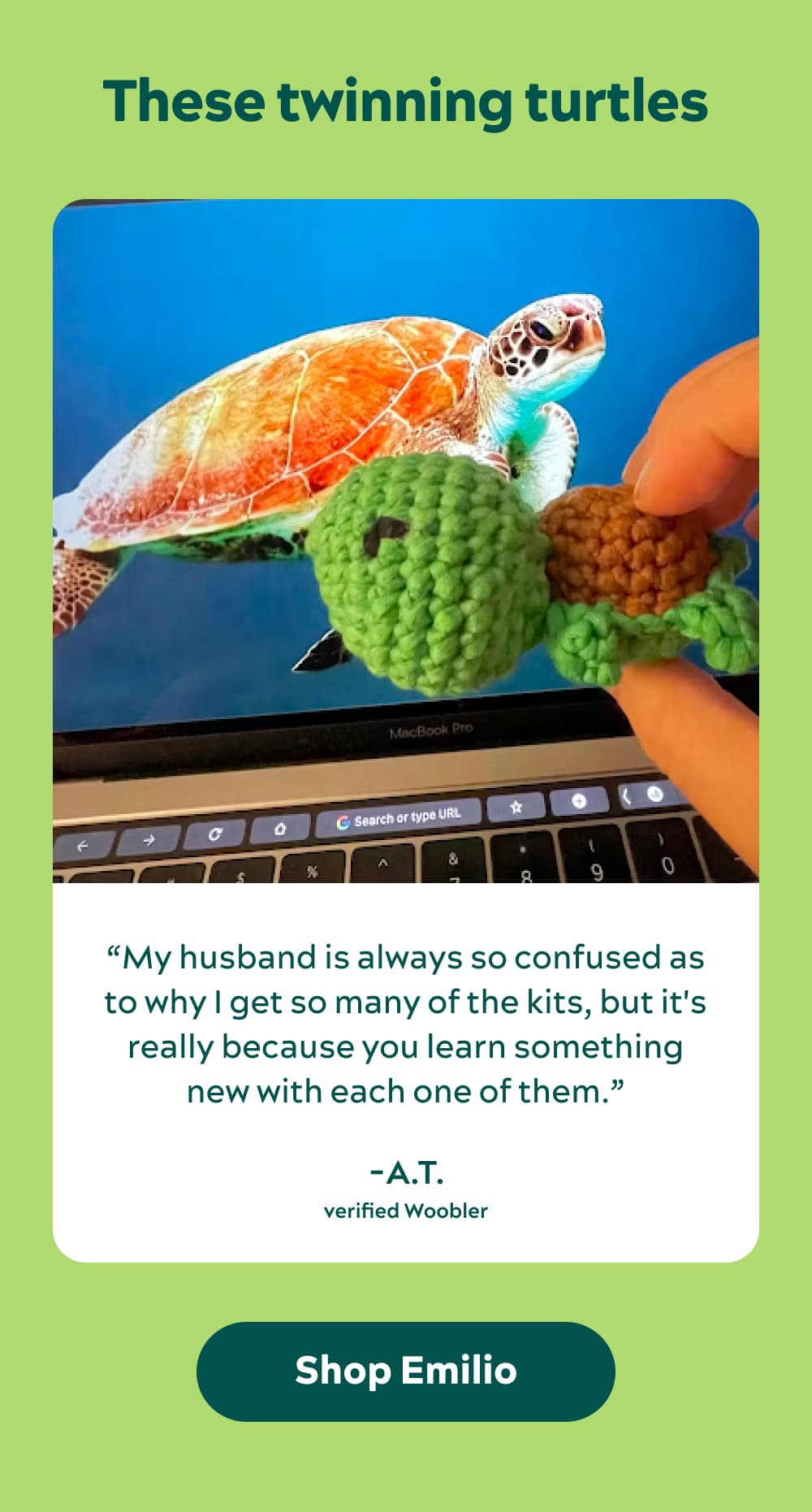 These twinning turtles  “My husband is always so confused as to why I get so many of the kits, but it's really because you learn something new with each one of them.” -A.T., Verified Woobler [Shop Emilio]