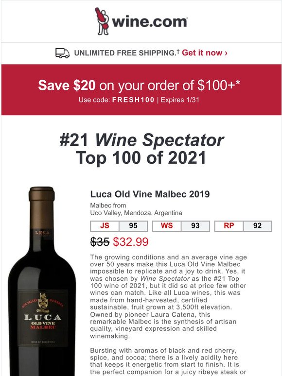95pt & Wine Spectator Top 100 Wine