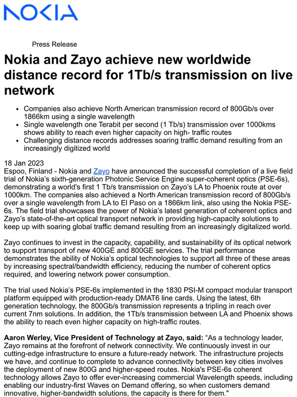 Withings: Nokia and Zayo achieve new worldwide distance record for 1Tb ...